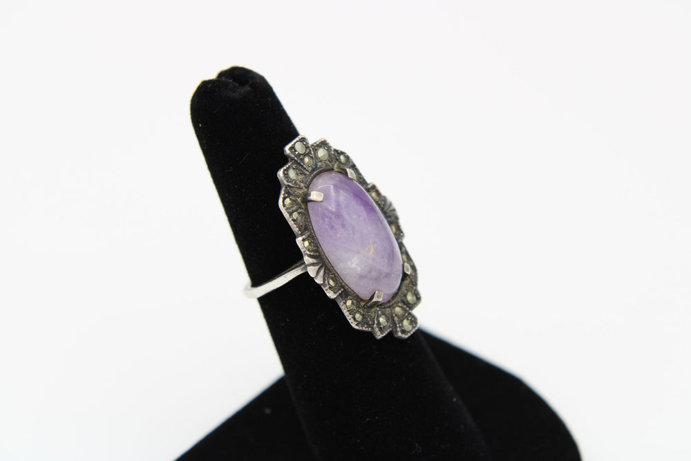 Antique Purple Amethyst & Marcasite Art Deco Sterling Silver Ring - Amazing LCW 925 Gemstone Ring Size 5.5
