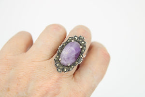 Antique Purple Amethyst & Marcasite Art Deco Sterling Silver Ring - Amazing LCW 925 Gemstone Ring Size 5.5