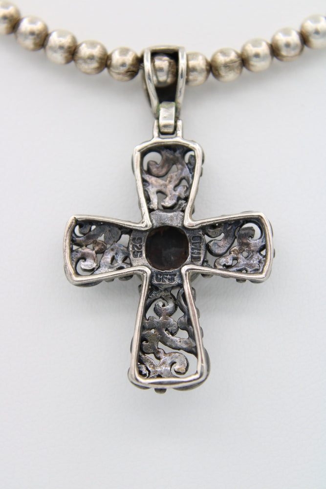 Vintage Black Onyx Crucifix / Cross Pendant Necklace - Sterling Silver with 925 Ball Beaded Chain Southwestern CFJ