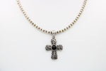 Vintage Black Onyx Crucifix / Cross Pendant Necklace - Sterling Silver with 925 Ball Beaded Chain Southwestern CFJ