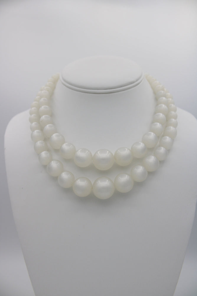 Vintage Creamy White Pearlescent Necklace - Moonstone Lucite Large Beads Two-strand Retro Necklace