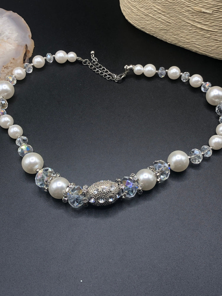 Vintage crystal faux  pearl Beaded necklace costume cocktail parties Silvertone metal barrel bead rhinestones