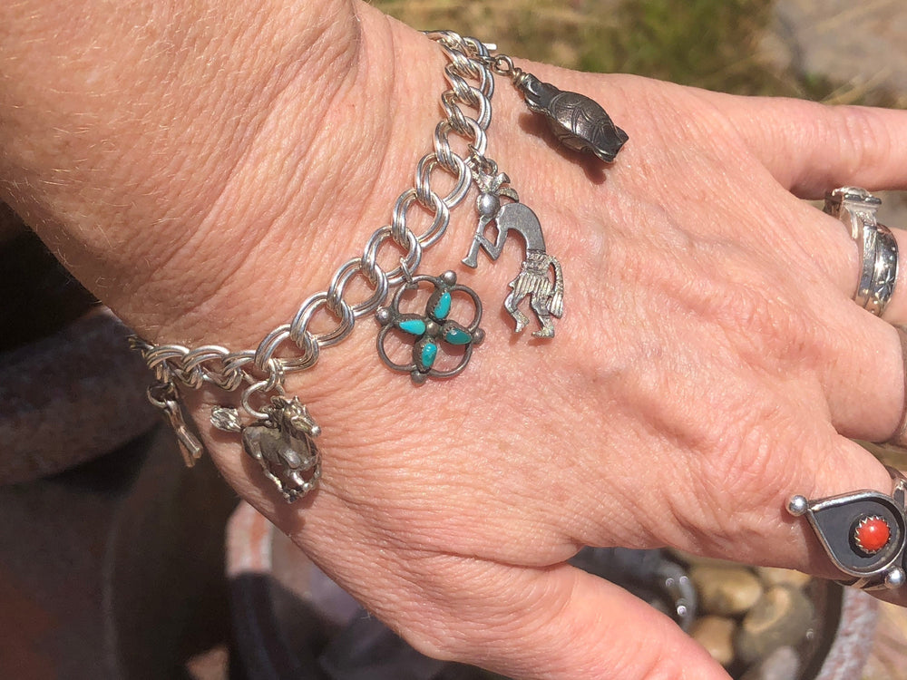 Vintage sterling silver Native American charms bracelet Zuni turquoise southwestern horse turtle cross Kokopelli Old pawn 925 unique