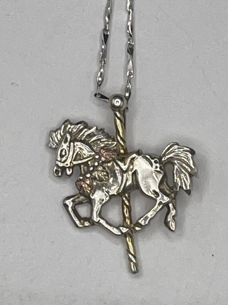 Vintage Carousel Merry Go Round Horse Pendant Necklace Sterling Silver & Black Hills Gold