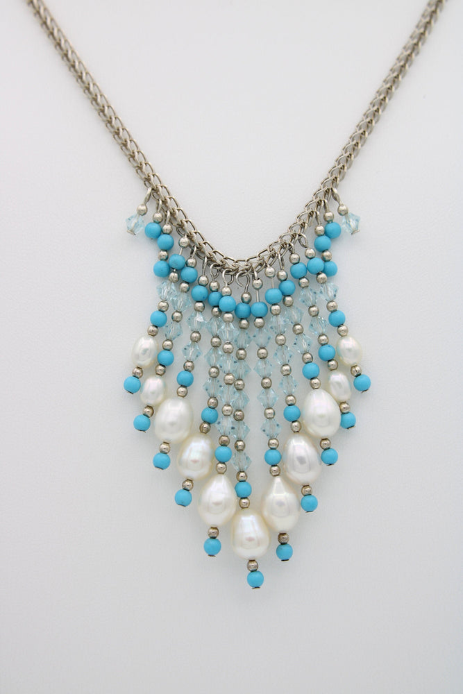 Vintage Genuine White Pearl Bib Necklace with Crystal Turquoise Silver Beads - Sterling Silver 925 Chain