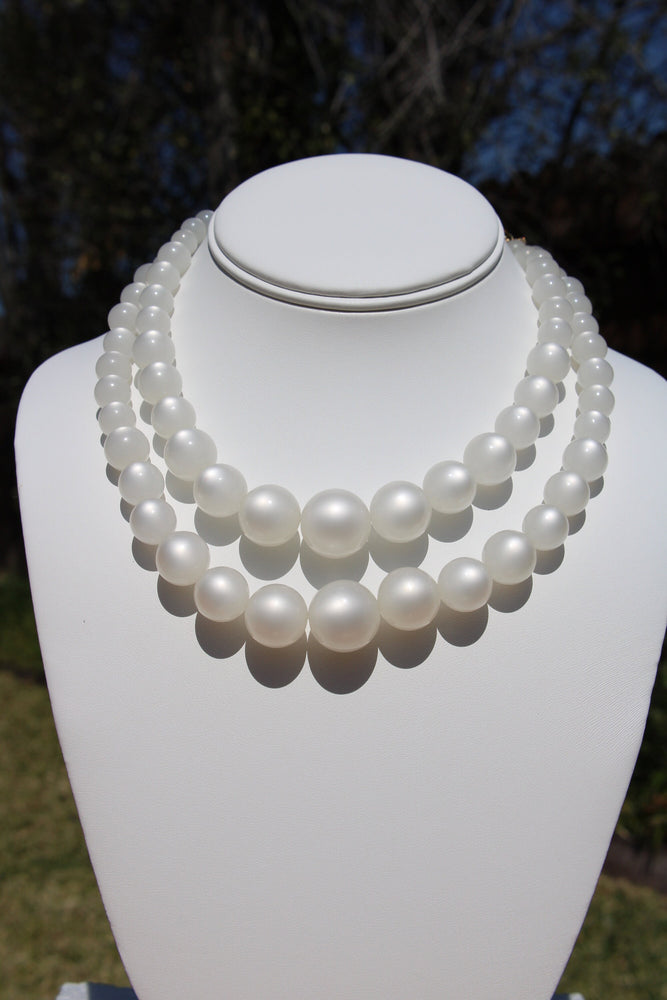 Vintage Creamy White Pearlescent Necklace - Moonstone Lucite Large Beads Two-strand Retro Necklace