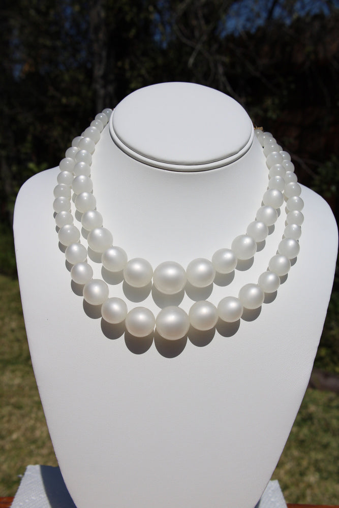 Vintage Creamy White Pearlescent Necklace - Moonstone Lucite Large Beads Two-strand Retro Necklace