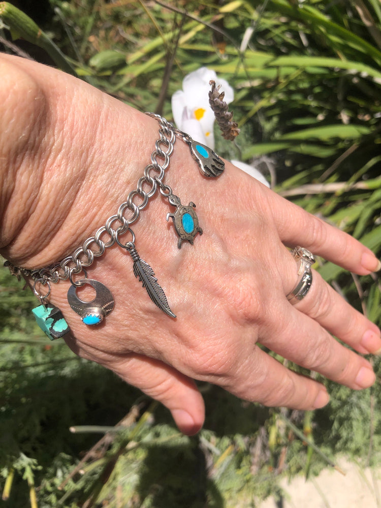 Vintage Native American Indian charm bracelet sterling silver turquoise gemstone southwestern