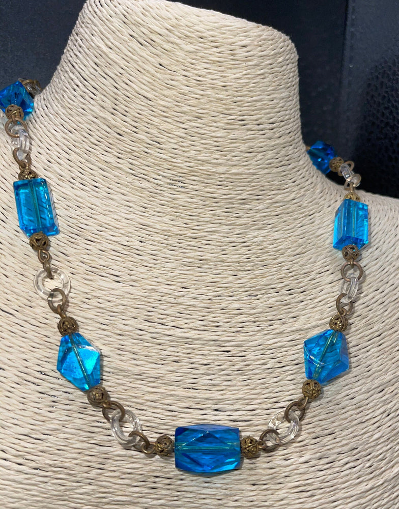 Antique rectangular blue glass beads Czechoslovakian beaded necklace Art Deco