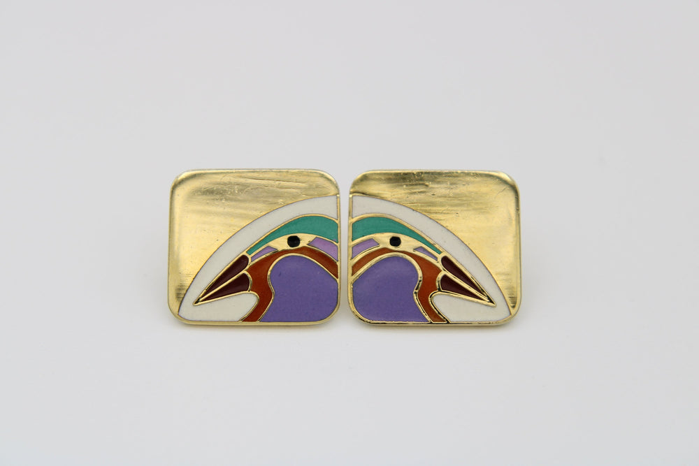 Vintage Laurel Burch Enamel Earrings Square Gold-tone Bird of Paradise