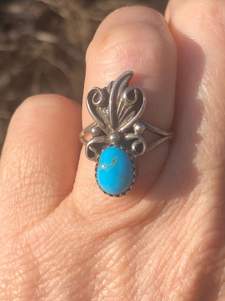 Vintage Native American Indian ring turquoise size 5.75 long/ tall squash blossom sterling silver southwestern
