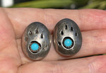 Vintage Native American Large Stud Style Bear Claw Shadowbox Earrings Turquoise Gemstone Sterling Silver