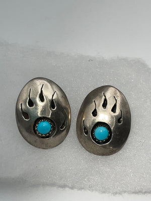 Vintage Native American Large Stud Style Bear Claw Shadowbox Earrings Turquoise Gemstone Sterling Silver