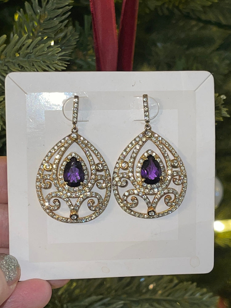 Beautiful large teardrop shape earrings NWT ? Vintage Original price tag 249 amethyst/clear cz - crystals Cocktail - holiday party