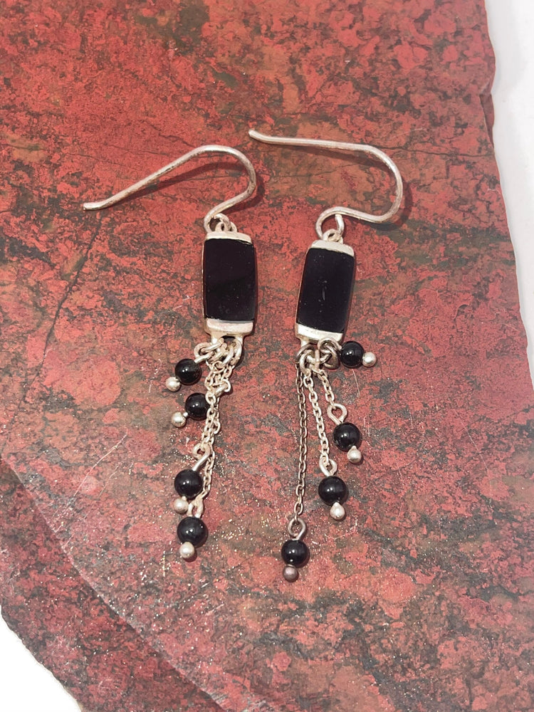 Vintage Black Onyx Gemstone Sterling Silver 925 Dangling Drop Earrings