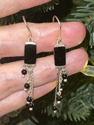 Vintage Black Onyx Gemstone Sterling Silver 925 Dangling Drop Earrings