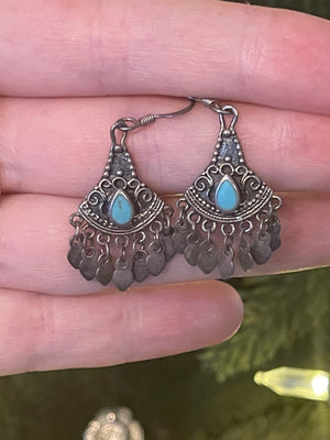 Vintage Sterling Silver 925 Turquoise Gemstone Earrings Tribal Tassels