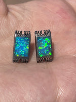 Vintage Native American Indian Crushed Blue Fire Opal Gemstone Stud Earrings Sterling Silver