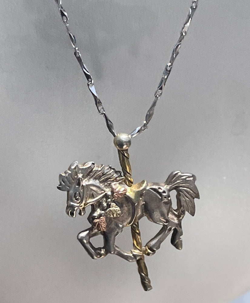 Vintage Carousel Merry Go Round Horse Pendant Necklace Sterling Silver & Black Hills Gold
