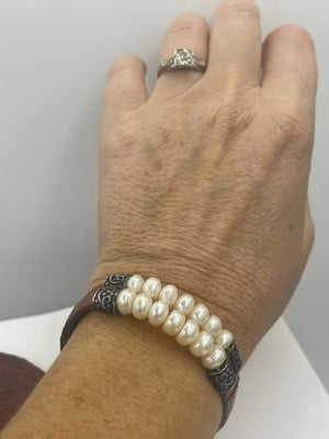 Beautiful White Pearl on Leather Band w Sterling Silver Buckle Style Closure Bracelet Honora