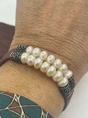 Beautiful White Pearl on Leather Band w Sterling Silver Buckle Style Closure Bracelet Honora