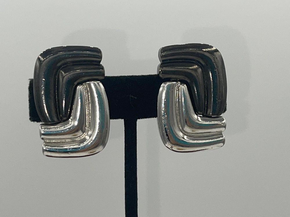 Vintage Designer Yves Saint Laurent Vintage Rectangle Two Tone Silver & Gunmetal Gray Clip On Earrings Authentic