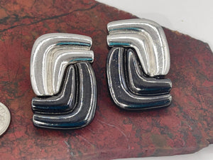 Vintage Designer Yves Saint Laurent Vintage Rectangle Two Tone Silver & Gunmetal Gray Clip On Earrings Authentic