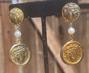 Vintage Arezzo Gold over Sterling Silver Coin Shaped Medusa Dangle Earrings w Pearl 1049 AR Rare Unusual Designer Long Statement Earrings