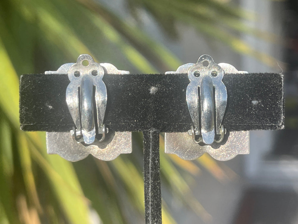 Vintage Taxco Mexico Sterling Silver Big Heavy Native Clip or Pierced Earrings Black Onyx Modernist Convertible Heavy Almost 21 Grams