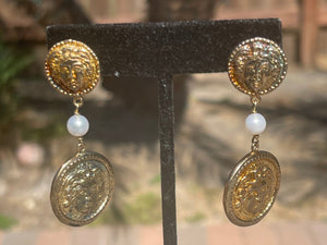 Vintage Arezzo Gold over Sterling Silver Coin Shaped Medusa Dangle Earrings w Pearl 1049 AR Rare Unusual Designer Long Statement Earrings