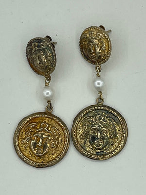 Vintage Arezzo Gold over Sterling Silver Coin Shaped Medusa Dangle Earrings w Pearl 1049 AR Rare Unusual Designer Long Statement Earrings