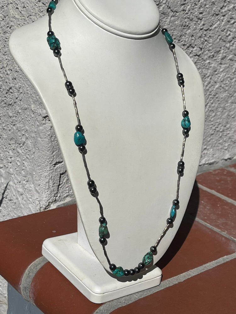 Vintage Turquoise Nugget Hematite Beaded Long Necklace 26.5 Inches Liquid Silver