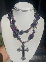 Big Unusual Statement Necklace Amethyst and Sugilite Gemstones Abalone Shell Cross Crucifix Rosary