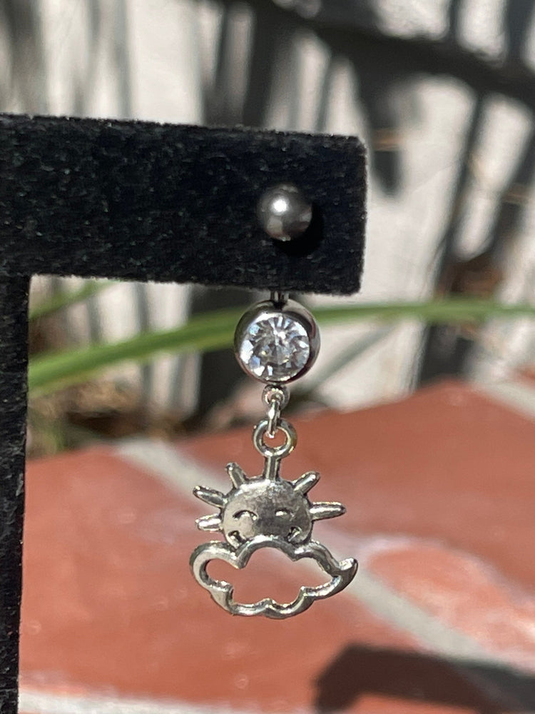 Vintage Sun and Clouds Charm & New stainless steel/ Crystal Belly Ring - Bar