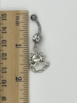 Vintage Sun and Clouds Charm & New stainless steel/ Crystal Belly Ring - Bar