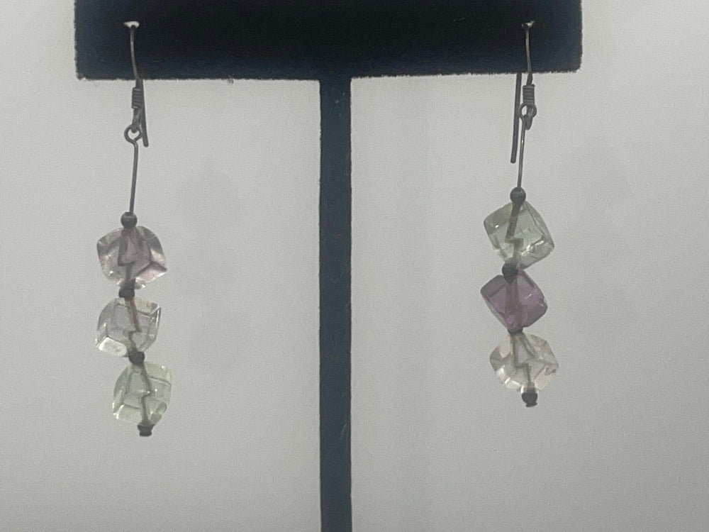 Vintage Amethyst Prasiolite Gemstone Beaded Earrings Sterling Silver 925 Square