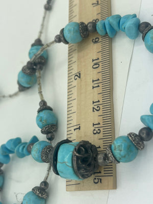 Beautiful Beaded Turquoise ornate Silver tone Beads Statement Necklace 22.75 Inches Long
