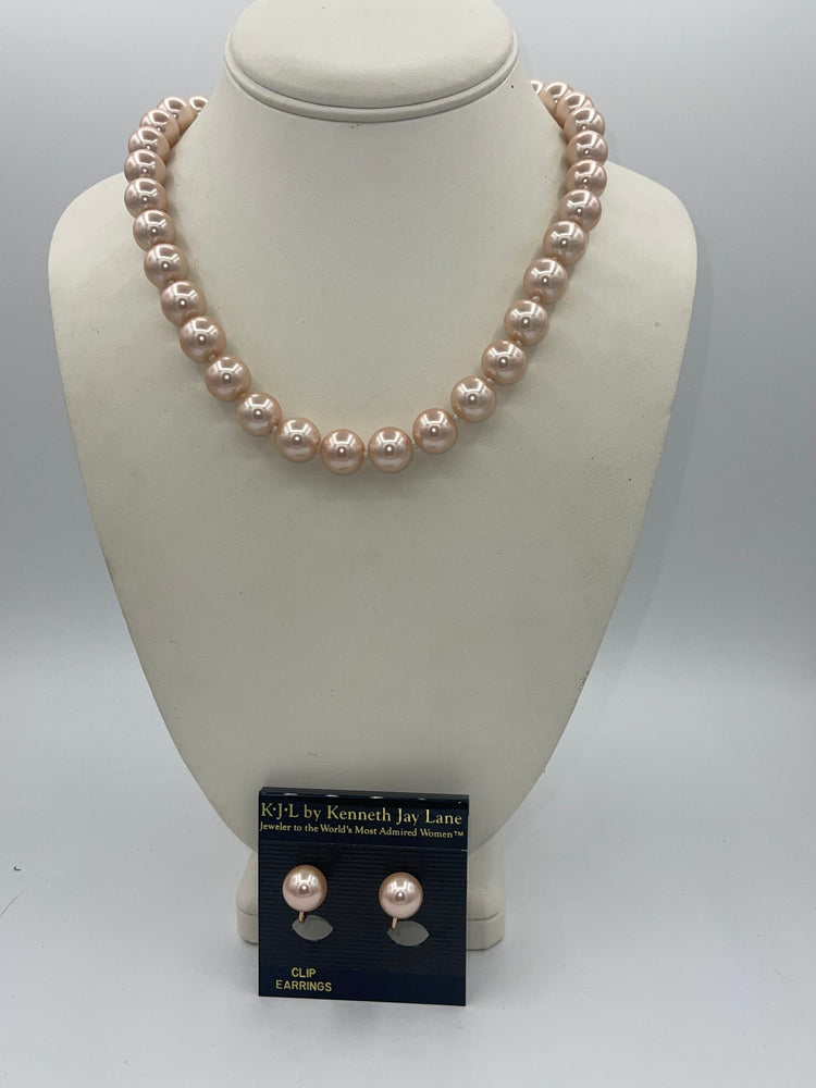 Vintage KJL Faux Pearl Necklace & Earrings Set 11.5mm Wide 18-21.5 inches Long Off White - Beige Beautiful Kenneth Jay Lane Clip On New