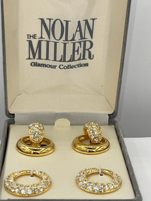 Vintage Designer Nolan Miller Interchangeable Clip On Earrings Crystal Dangles Gold Tone Circles Holidays New