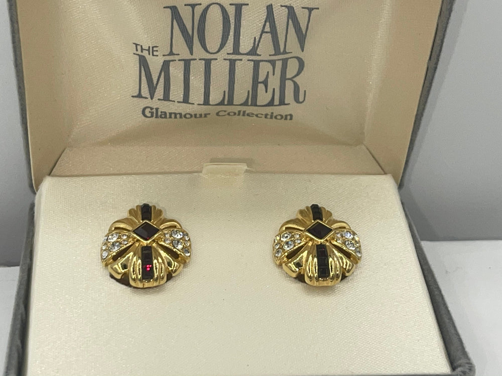 Vintage Designer Nolan Miller Clip On Earrings Bordeaux Faux Garnet & Crystals New in Box