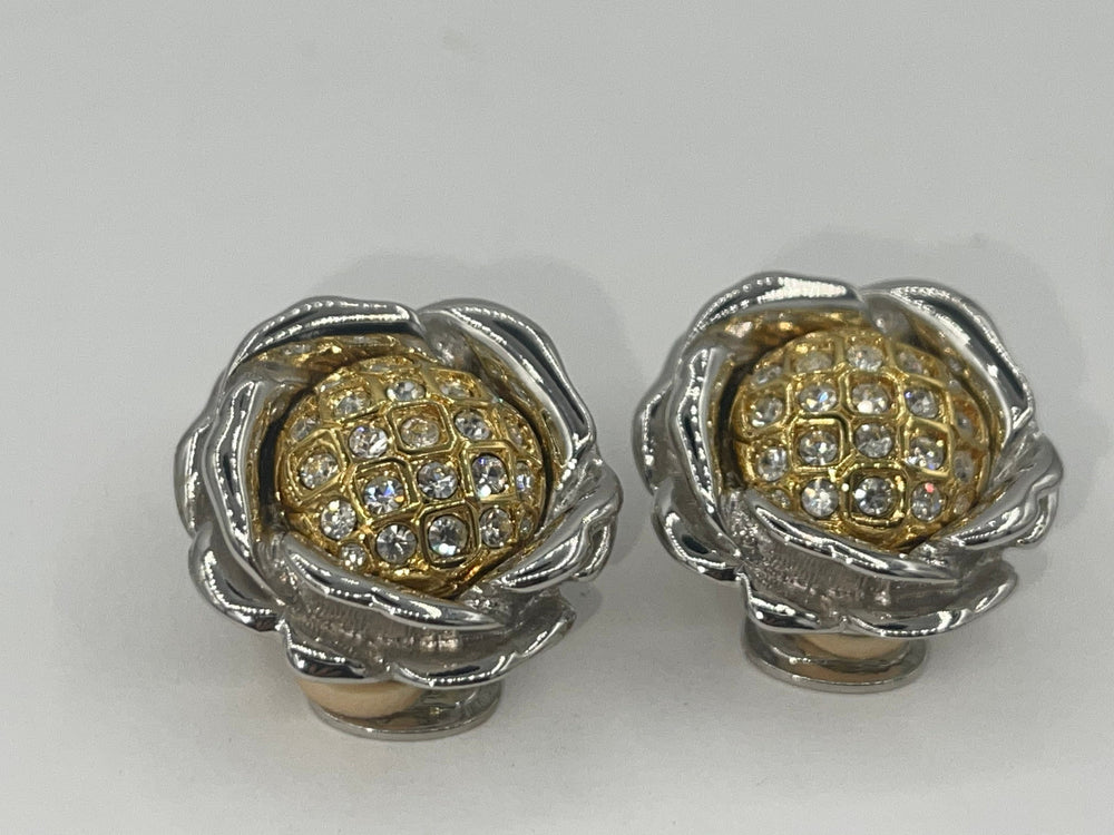 Vintage Designer Nolan Miller Clip On Earrings  Clear  Crystals Flower Gold & Silver Tone Beautiful New in Box