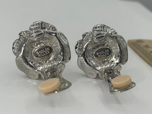 Vintage Designer Nolan Miller Clip On Earrings  Clear  Crystals Flower Gold & Silver Tone Beautiful New in Box