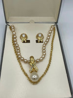 Vintage Designer Nolan Miller Faux Pearl Clip On Earrings & Enhancer Pendant Set 2 Necklaces Crystal Gold Tone New in Box Elegant