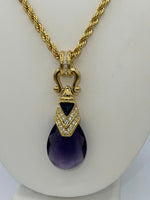 Vintage Designer Nolan Miller De Medici Pendant & Necklace Purple and Clear Crystals 34 in Long Gold Chain New in Box