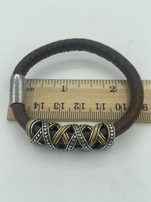 Nice Brighton Brown Leather Slide Pendant Bracelet Two Tone Silver / Gold Magnetic Clasp Bangle