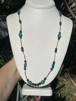 Vintage Turquoise Nugget Hematite Beaded Long Necklace 26.5 Inches Liquid Silver