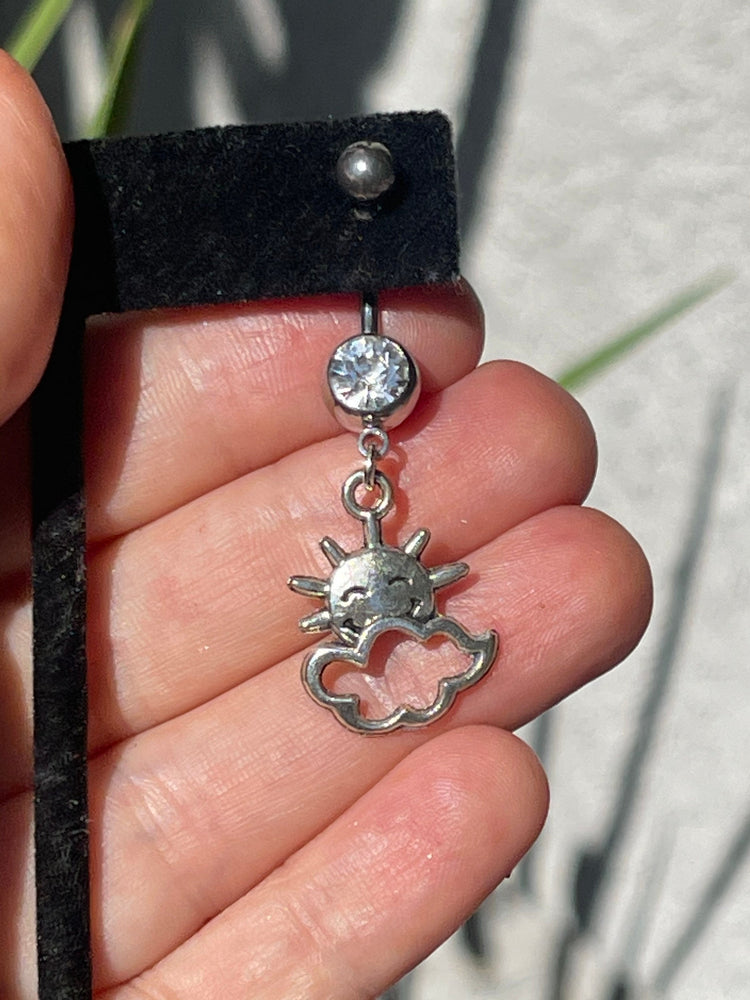 Vintage Sun and Clouds Charm & New stainless steel/ Crystal Belly Ring - Bar