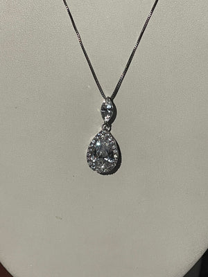 Vintage Stauer Diamond Like Large Pendant Tear Drop Necklace Sterling Silver 925 Diamonaura