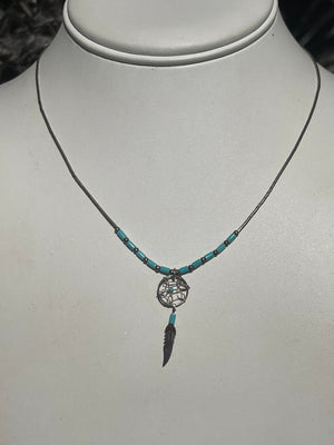 Vintage Southwestern Sterling Silver & Turquoise Beaded Necklace  Dream Catcher Pendant with Feathers 16 Inches