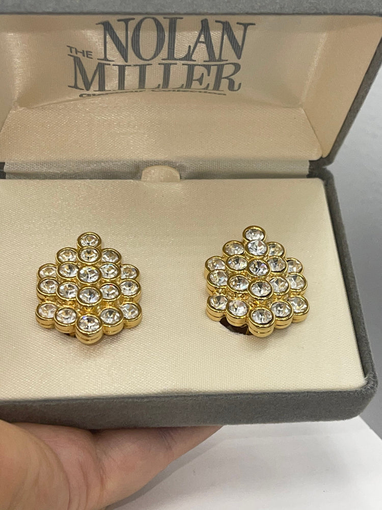 Vintage Designer Nolan Miller Clip On Earrings Cluster Crystals Beautiful New in Box